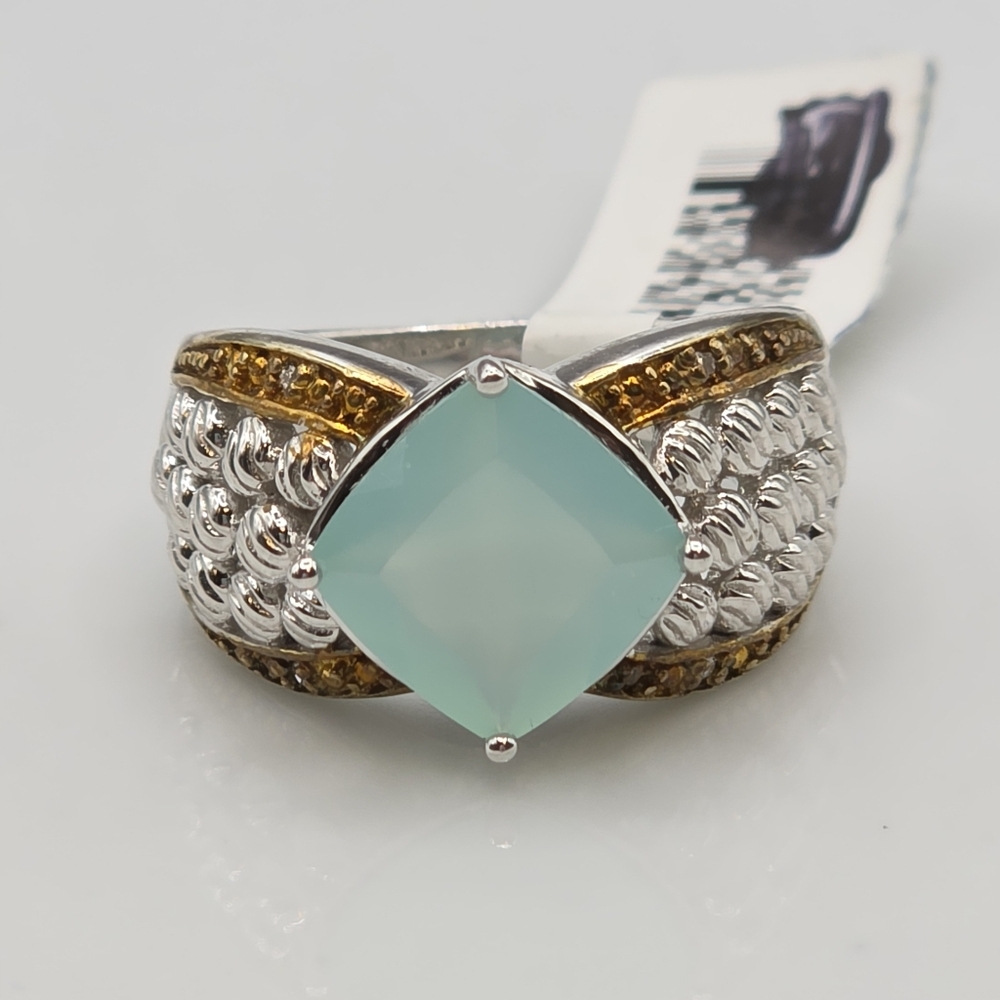 NWT Designer Signed Genuine Moss Agate And Diamond Ring